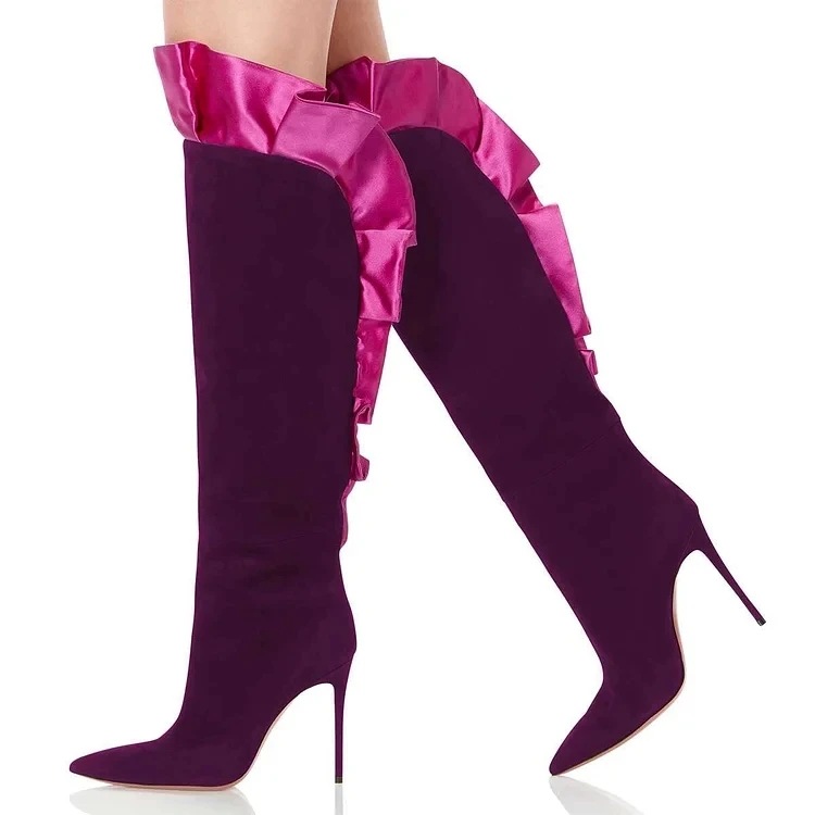 Street Fashion Designers - Suede Ruffles Pleated Pointed Toe Knee-High